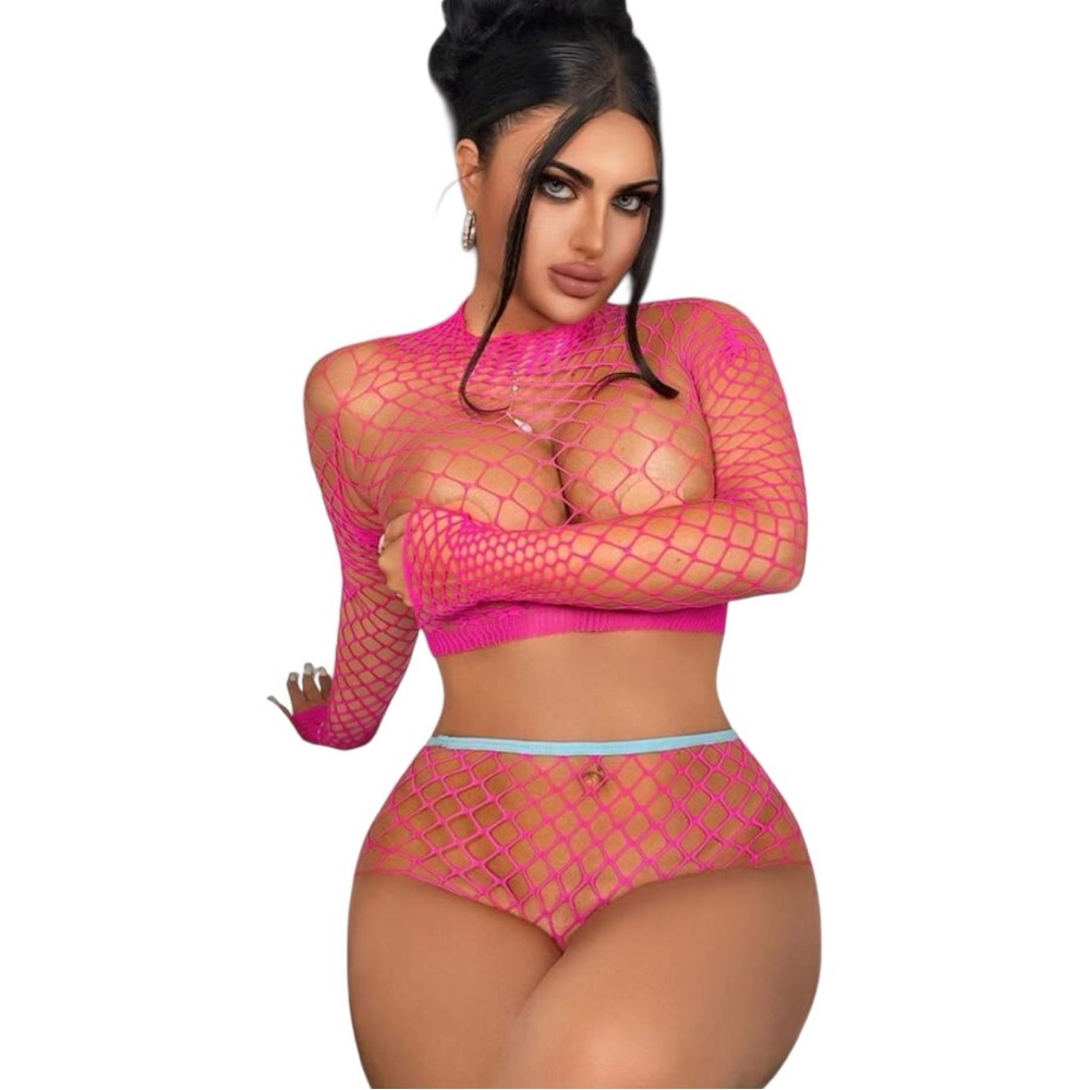 Women Hot Pink Sheer Fishnet Lingerie Set